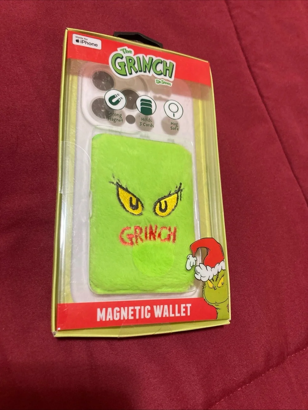 The Grinch Fuzzy Magnetic Wallet For iPhones Holds 3 Cards Strong Magnet New